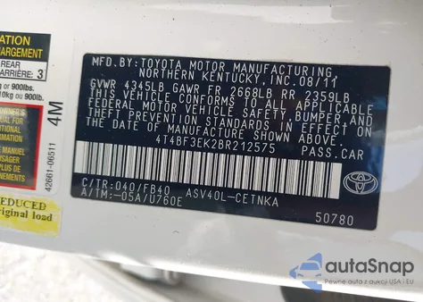 2011 Toyota Camry Le z USA, uszkodzony, nr VIN 4T4BF3EK2BR212575